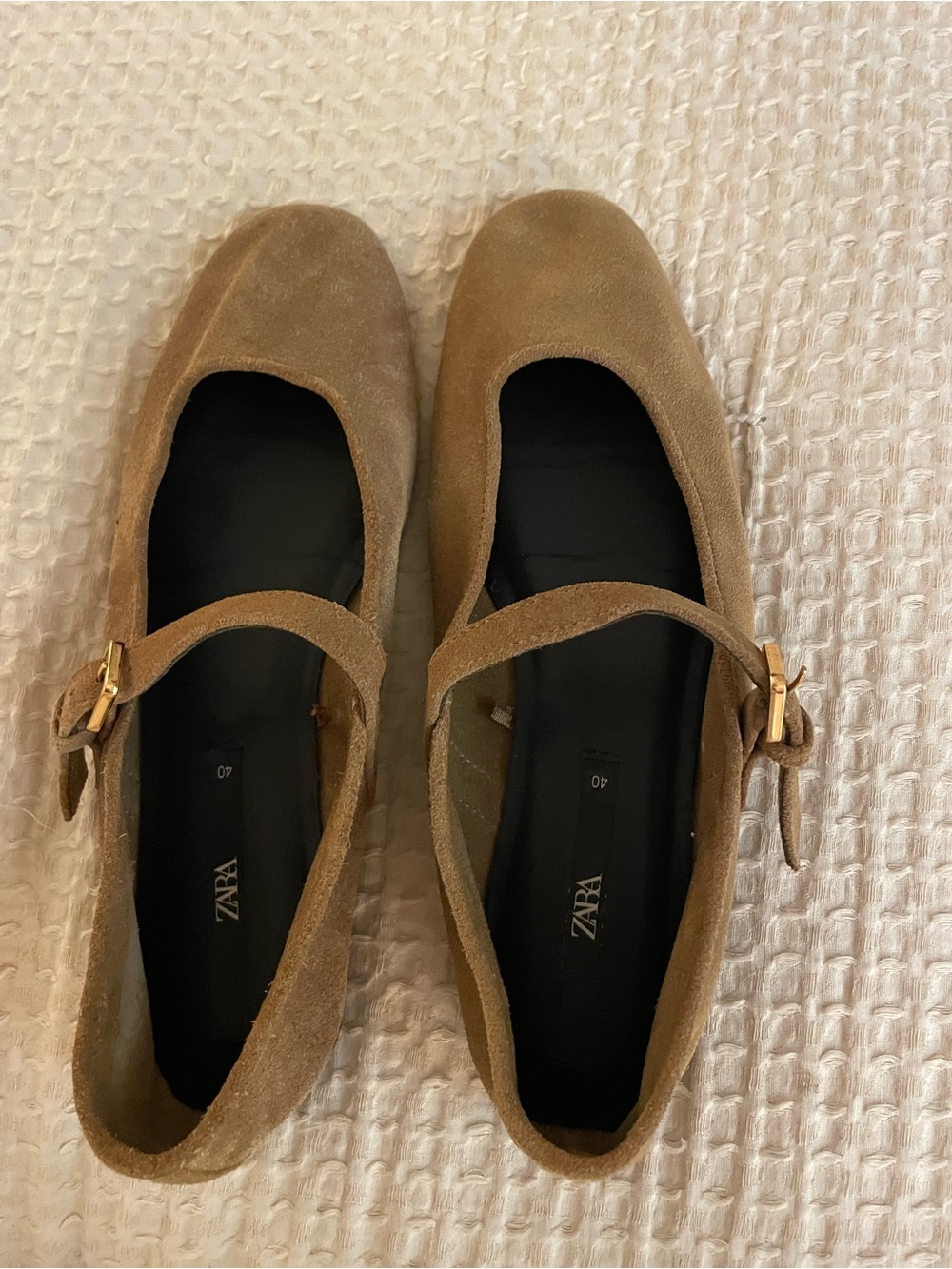 ZARA Tan Suede Mary Jane Flats with Gold Buckle